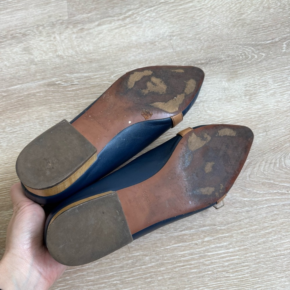 Cole Haan Navy, White & Brown Pointed Loafers with Gold Buckle - Picture 5 of 5